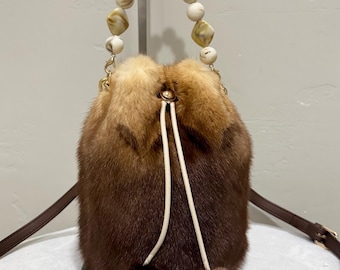 Brown Real Mink Fur Drawstring Bucket Bag, Handmade Luxury Mink Fur Wristlet, Real Mink Fur Shoulder Bag, Mink Fur Crossbody, Gift For Her