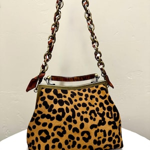 Leopard Print Hair-On Horsehide Handbag: Kisslock Closure, Detachable Straps
