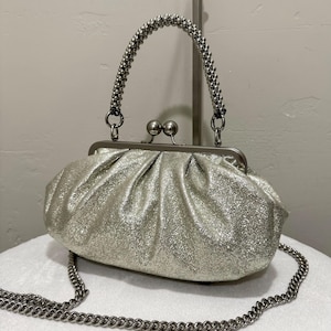 Silver Glitter Sheepskin Handmade Kisslock Frame Bag:  Silver Leather Clutch, Crossbody Bag,  Evening Bag