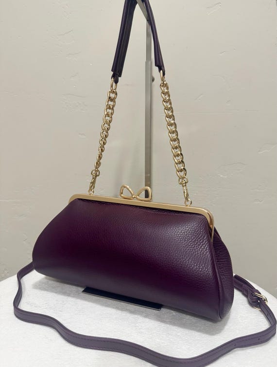 Purple Premium Pebble Leather Handmade Kisslock Frame Baguette Bag:  Bow Shaped Kisslock Closure Shoulder Bag, Crossbody Bag