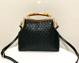 Handmade Genuine Woven Leather Double Kisslock Top Handle Bag/Shoulder Bag/Crossbody Includes 2 Straps