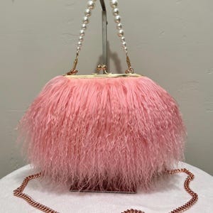 Pink Real Mongolian Lamb Fur Purse,Handmade Lamb Fur Kisslock Wristlet, Shearling Shoulder Bag, Sheepskin Crossbody, Includes 2 Chain Styles