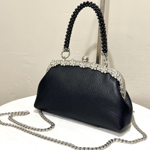 Black Genuine Togo Calfskin Handmade Rhinestone Push Lock Clutch Bag, Black Leather Wristlet, Shoulder Bag, Black Leather Evening Bag