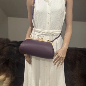 Purple Premium Pebble Leather Handmade Kisslock Frame Baguette Bag: Bow Shaped Kisslock Closure Shoulder Bag, Crossbody Bag image 8
