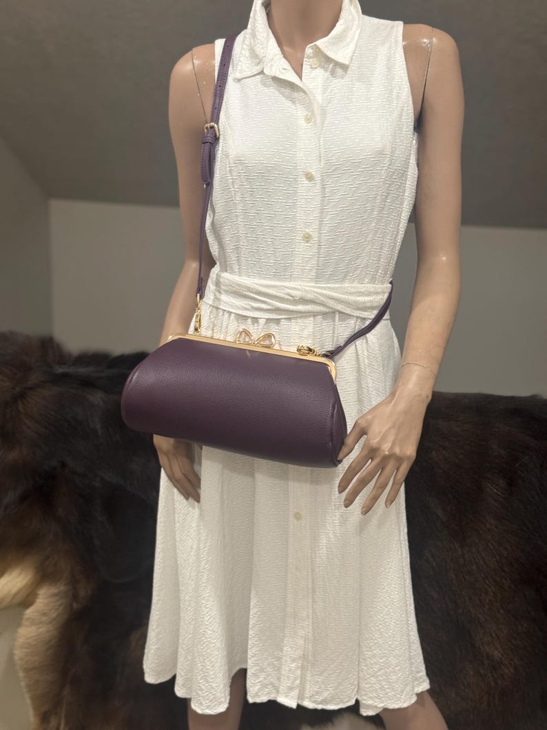 Purple Premium Pebble Leather Handmade Kisslock Frame Baguette Bag: Bow Shaped Kisslock Closure Shoulder Bag, Crossbody Bag image 8