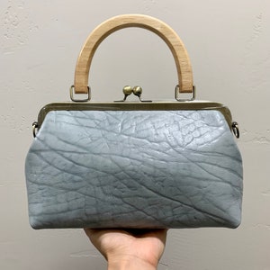 Handmade Genuine Leather Embossed Textured Cowhide, Wood Handle Kisslock Satchel Bag