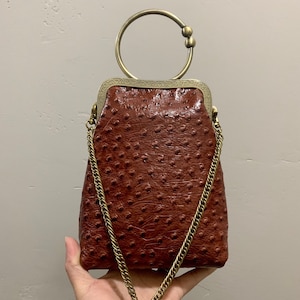 Vintage Oriental Style Genuine Ostrich Textured Cowhide Kisslock Wristlet/Crossbody/Pouch