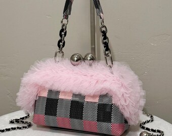 Pink Plaid Cowhide Leather Handmade Kisslock Clutch Bag, Double Ball Frame, Satin-Lace Ruffle Trim Bag, Includes 2 Strap Styles
