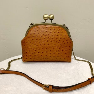 Handmade  Genuine Cowhide Ostrich Textured Kisslock Wristlet/Shoulder Bag/Crossbody Includes 2 Straps