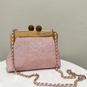 Pink Genuine Embossed Leather Wooden Frame Purse, Leather Shoulder Bag, Cowhide Crossbody Includes 2 Chain Styles