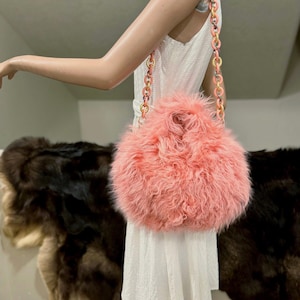 Coral Pink Real Curly Shearling Handbag, Handmade Real Shearling Leather Top Handle Bag, Sheepskin Shoulder Bag, Shearling Crossbody