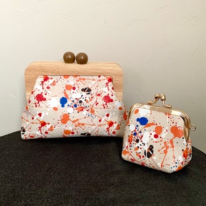 One-of-a-kind Genuine Leather Splatter Printed Wooden Frame Clutch/Crossbody with Small Purse