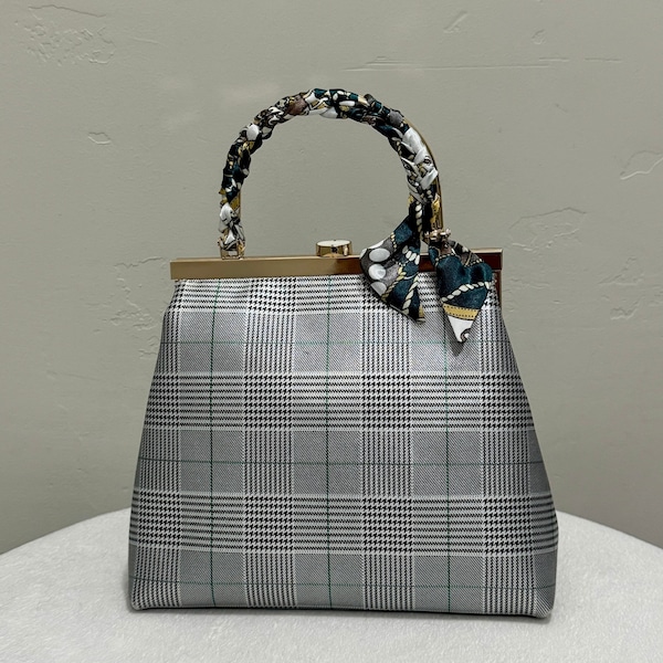 Plaid Print Genuine Cowhide Top Handle Bag/Push-lock Satchel, includes Skinny Scarf