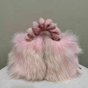 Impresionante bolso de mano de piel de zorro auténtica con degradado rosa, bolso de mano con asa de piel de visón real teñida a mano, impresionante bandolera de piel de zorro real, regalo para ella