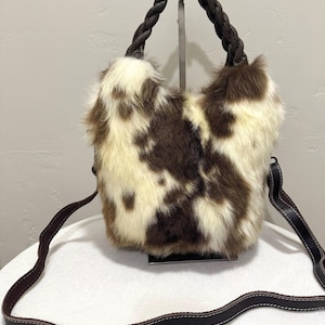 Cow Print Real Shearling Leather Tote Bag, Handmade Shearling Top Handle Bag, Shearling shoulder Bag, Real Lamb fur crossbody, Gift for Her