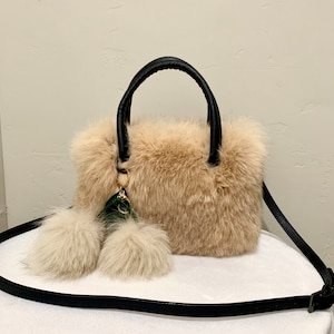 Beige Luxury Real Fox Fur Top Handle Tote/Crossbody Includes Fox Fur Ball Keychain/Bag charm