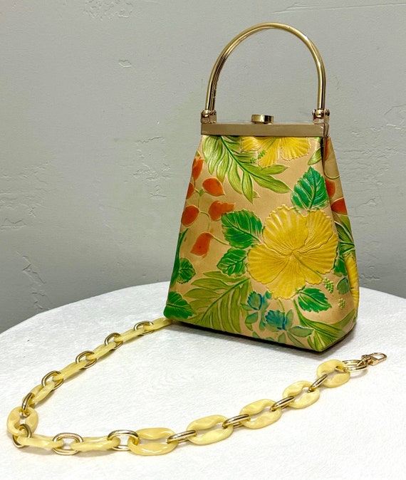 Floral Embossed Genuine Leather Top Handle Purse, Cowhide Shoulder Bag, Leather Crossbody, Includes 2 Chain Styles