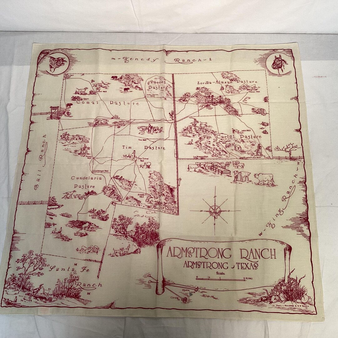 Armstrong Ranch Vintage 1950s Souvenir Hererchief Bandanna Map of Armstrong Ranch ...