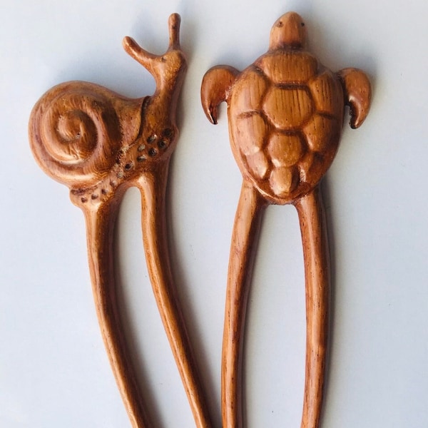 Handmade wooden hairpins, Snail hair pins, Turtle hair pins Hand-carved natural wooden hair pins Set of 2 turtles and snails