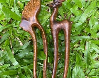 Handmade Carved Wooden Hair Fork Set: Wing & Deer Design