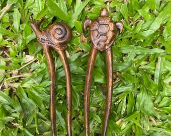 Handmade Carved Wooden Hair Pins: Turtle & Snail Set