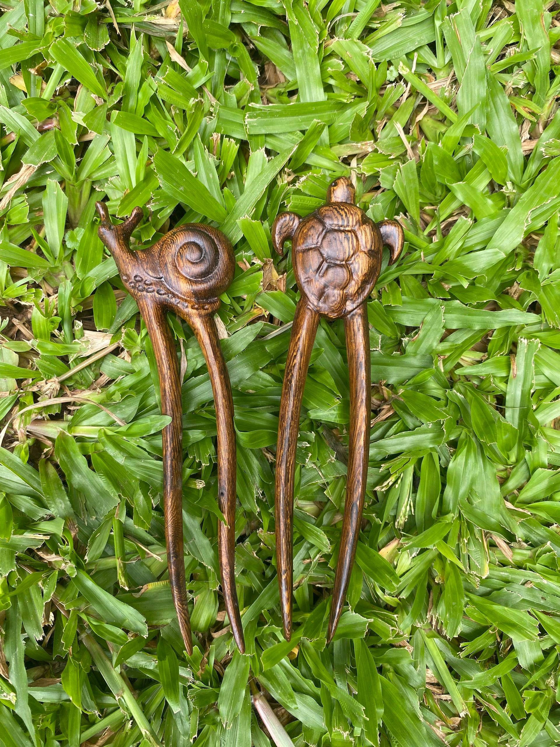 Handmade Carved Wooden Hair Pins: Turtle & Snail Set - Etsy display picture 2