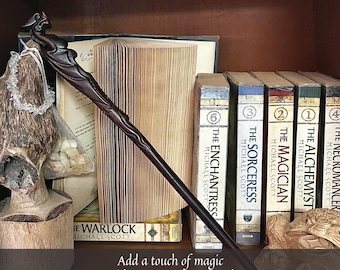 May include: A dark brown wooden wand with a carved dragon head at the top. The wand is resting on a bookshelf with several books titled "The Enchantress", "The Sorceress", "The Magician", "The Alchemist", and "The Necromancer".