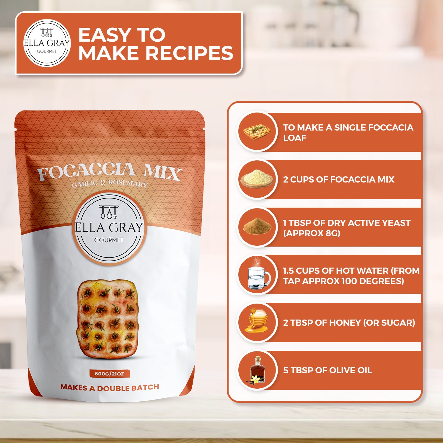 Garlic & Rosemary Focaccia Bread Mix double Batch Makes 2 Loaves Bake