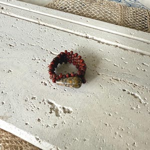 LOOK 1, Abstract Beaded Ring, Opaque Picasso Red, Handmade Miyuki, Glass Seed Bead Ring