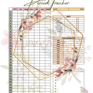 May include: A floral-themed period tracker with a gold geometric frame. The tracker includes a calendar grid, a key for tracking symptoms, and a section for cycle length and notes.