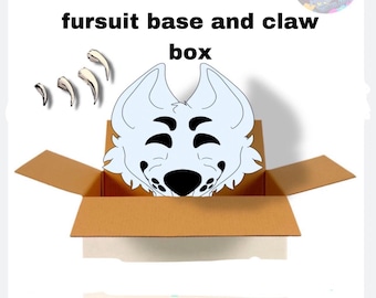 May include: A white furry head with black eyes and a black nose peeks out of a brown cardboard box. The box is open and there are four white claws on the left side of the image. The text "fursuit base and claw box" is above the box and the text "Claws and base box set" is below the box.