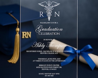 May include: A graduation announcement on a clear acrylic card with white text and a caduceus symbol. The announcement includes the graduate's name, date, and location. A blue graduation cap and scroll are in the background.
