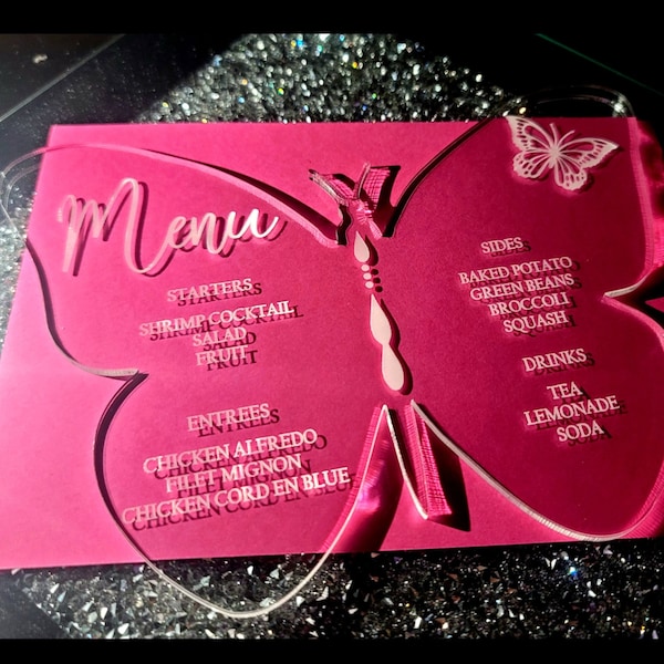 Quinceañera Menu Acrylic,  Wedding Menu, Bar Menu, Clear Acrylic Menu, Elegant Party Menu Card, Butterfly Menu