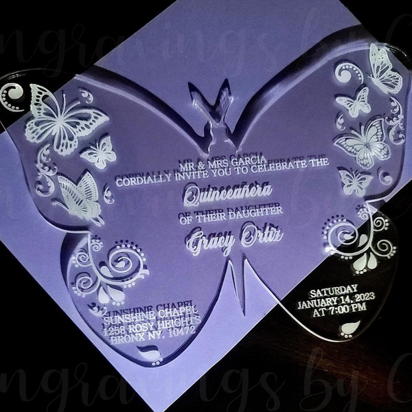Butterfly Laser Engraved Luxury Acrylic Custom Invite, Quinceañera Invites, Clear Acrylic, Custom Invitations, Elegant Party Invitations