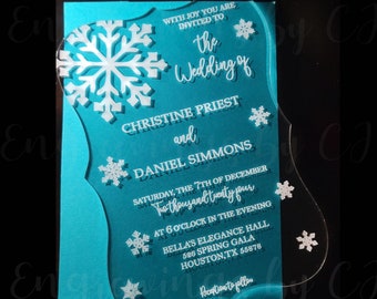 Snowflake Design Laser Engraved Luxury Acrylic Custom Invite,  Wedding Invites, Clear Acrylic, Custom Invitations, Elegant Party Invitations