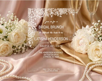 Bridal Brunch Acrylic Invitation, Clear Acrylic Bridal Brunch Invite, Laser Engraved Bridal Shower Invitation, Elegant Floral Acrylic Invite