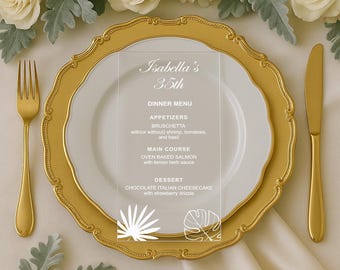 Botanical Acrylic Dinner Menu – Custom Clear Menu with Leaf Design for 35th Birthday, Wedding, or Elegant Event Table Decor