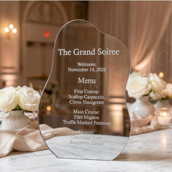 Plaque de menu en acrylique miroir - Miroir doré ou argenté, menu d'événement gravé au laser, décoration de table de mariage et de gala moderne