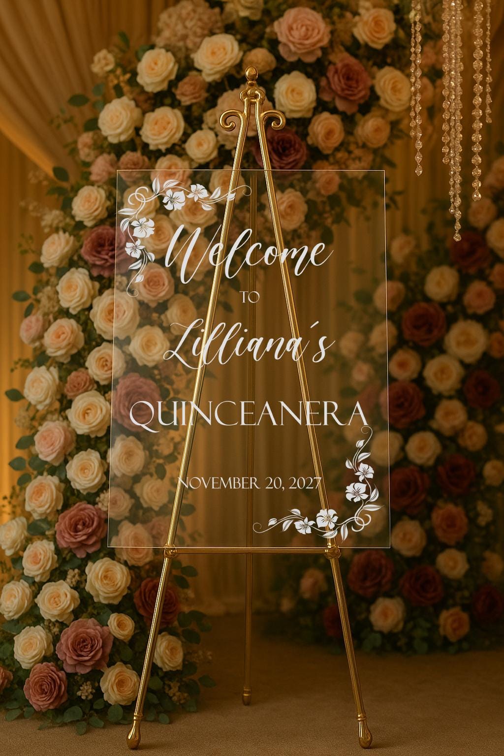 Personalized Quinceañera Welcome Sign Acrylic | Custom Floral 15th Birthday Sign | Elegant Clear Party Sign 15 or Sweet 16
