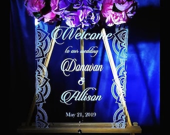 Boho Wedding Welcome Sign – Mandala Clear Acrylic Sign with White Text – Custom Macrame-Style Wedding Decor (Easel Not Included)