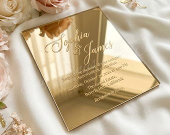 Gold Mirror Acrylic Wedding Invitation | Luxury Engraved Mirror Wedding Invite | Modern Elegant Custom Wedding Invitation