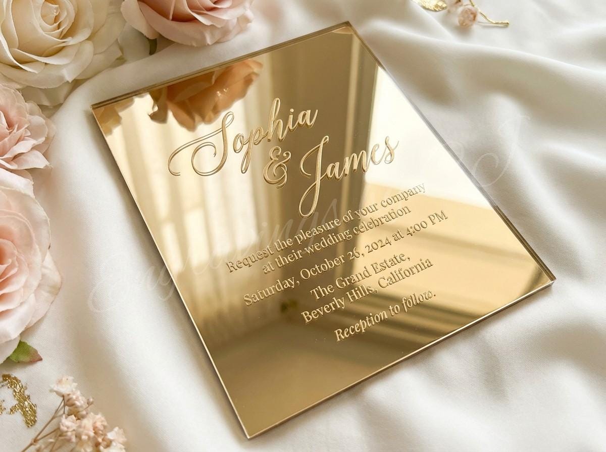Gold Mirror Acrylic Wedding Invitation Luxury Engraved