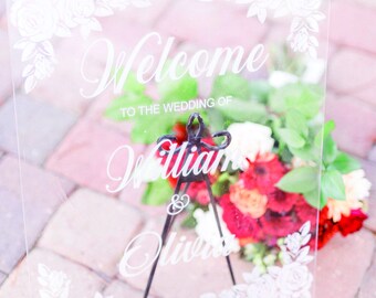 Roses Themed Clear Acrylic Welcome Sign, Acrylic Reception Sign, Welcome to our Wedding Sign, Reception Signage, Engraved Sign