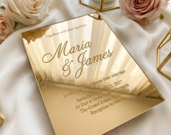 Gold Mirror Acrylic Wedding Invitation | Luxury Engraved Mirror Wedding Invite | Modern Elegant Custom Wedding Invitation