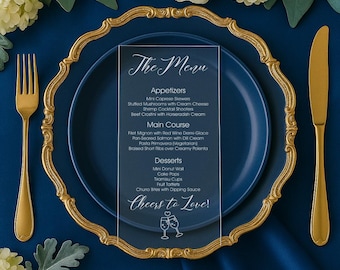 Laser Engraved Luxury Acrylic Custom Menu,  Wedding Menu, Clear Acrylic Menu, Menu Card, Personalized menu, Cheers to love menu