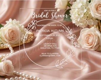 Bridal Shower Acrylic Invitation, 5.5x5.5 Clear Acrylic Invite, Laser Engraved Bridal Shower Invite, Elegant Floral Bridal Shower Invitation