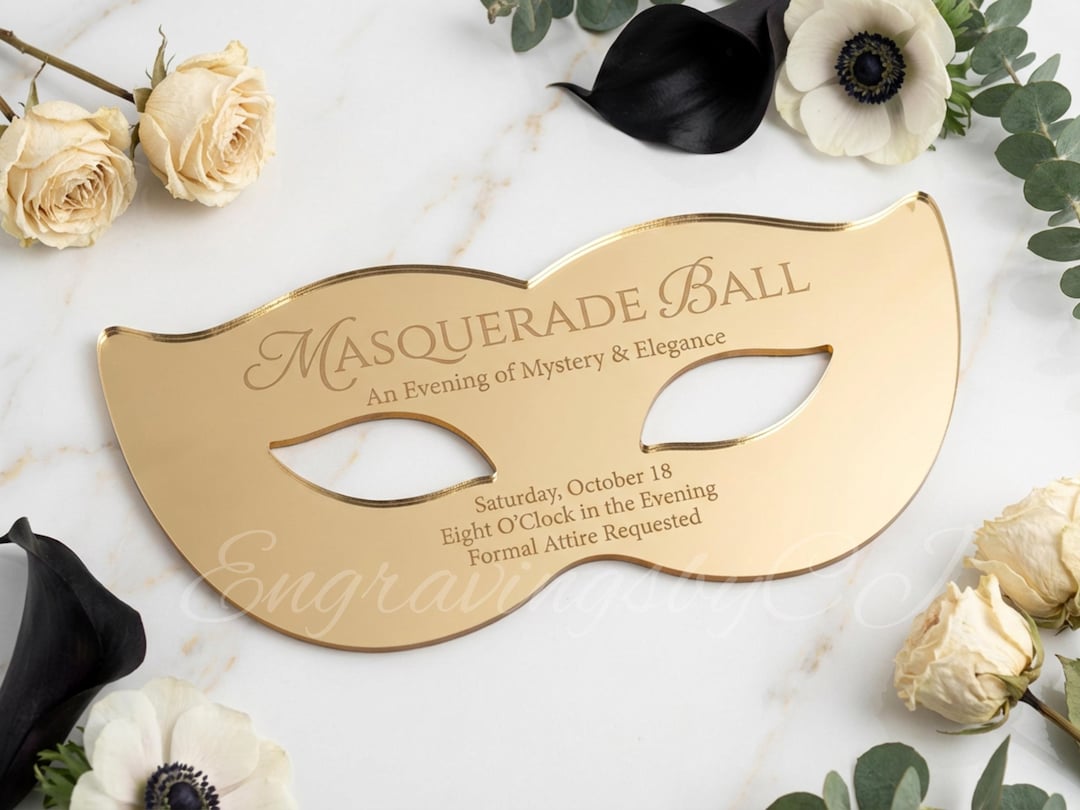 Ball Invite Gold Mirror Masquerade Invitation | Black Tie Masquerade Ball Invite ...