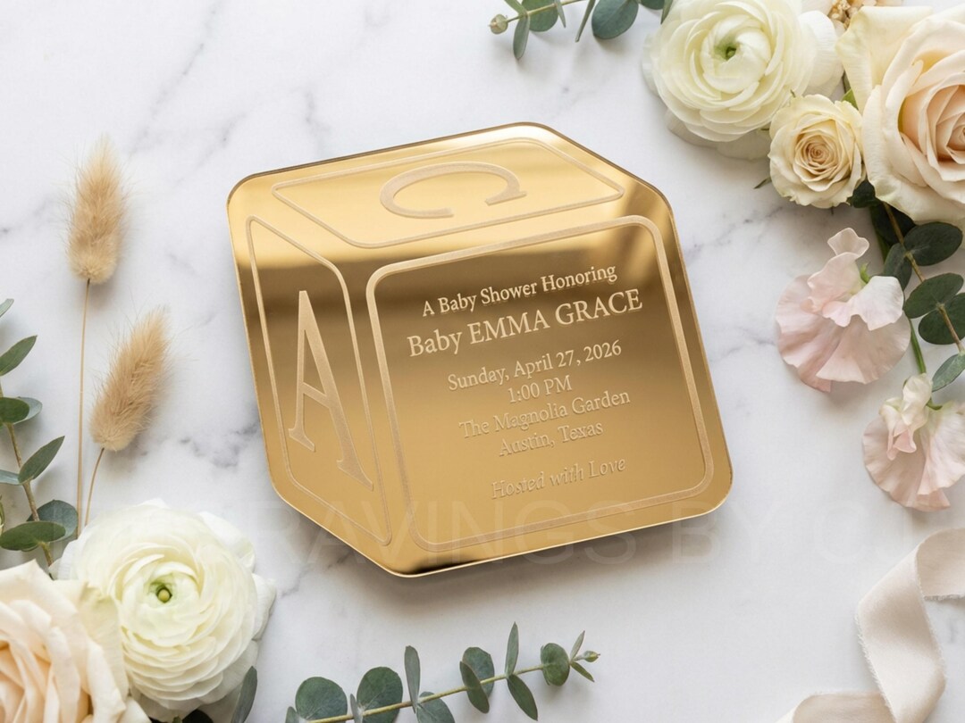 Luxury Gold Mirror Baby Block Invitation | Alphabet Baby Shower ...