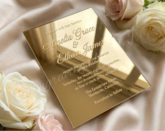 Gold Mirror Acrylic Wedding Invitation | Luxury Engraved Mirror Wedding Invite | Modern Elegant Custom Wedding Invitation
