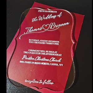 Bracket Shaped Acrylic Custom Invites, Exquisite Wedding Acrylic Invitation Featuring a Heart, Calligraphy Invite